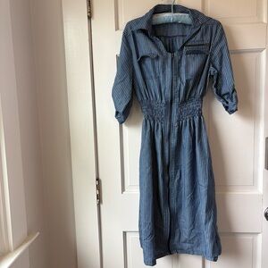 BOUTIQUE J. Gee Blue White Striped Qaurter Sleeve Utility Mechanics Dress